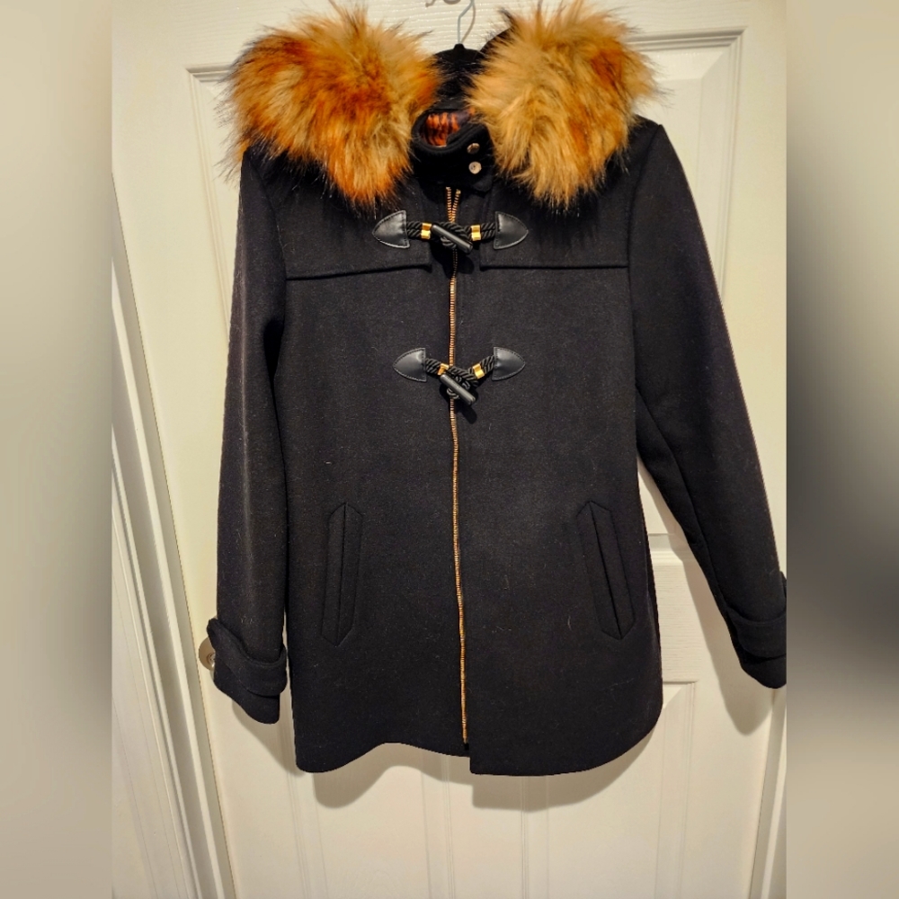 Faux Fur Trim Hood Wool Blend Jacket
